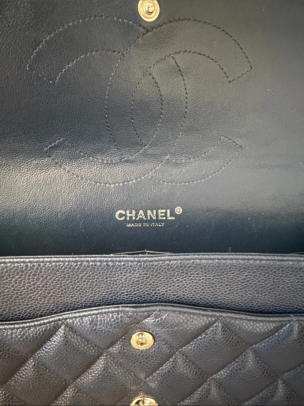 Authentic Chanel Classic Jumbo Double Flap Bag - Navy Blue Caviar Leather
